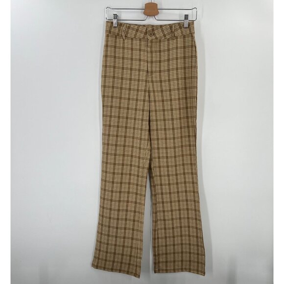 Easel Los Angeles Small Brown Plaid Wide Leg Trousers High Rise Check Pants - Picture 1 of 10